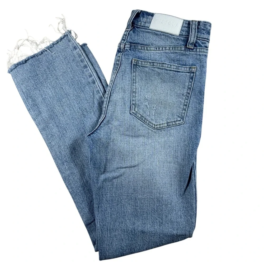 Pistola Womens Distressed High Rise Straight Leg Jeans Light Wash Blue